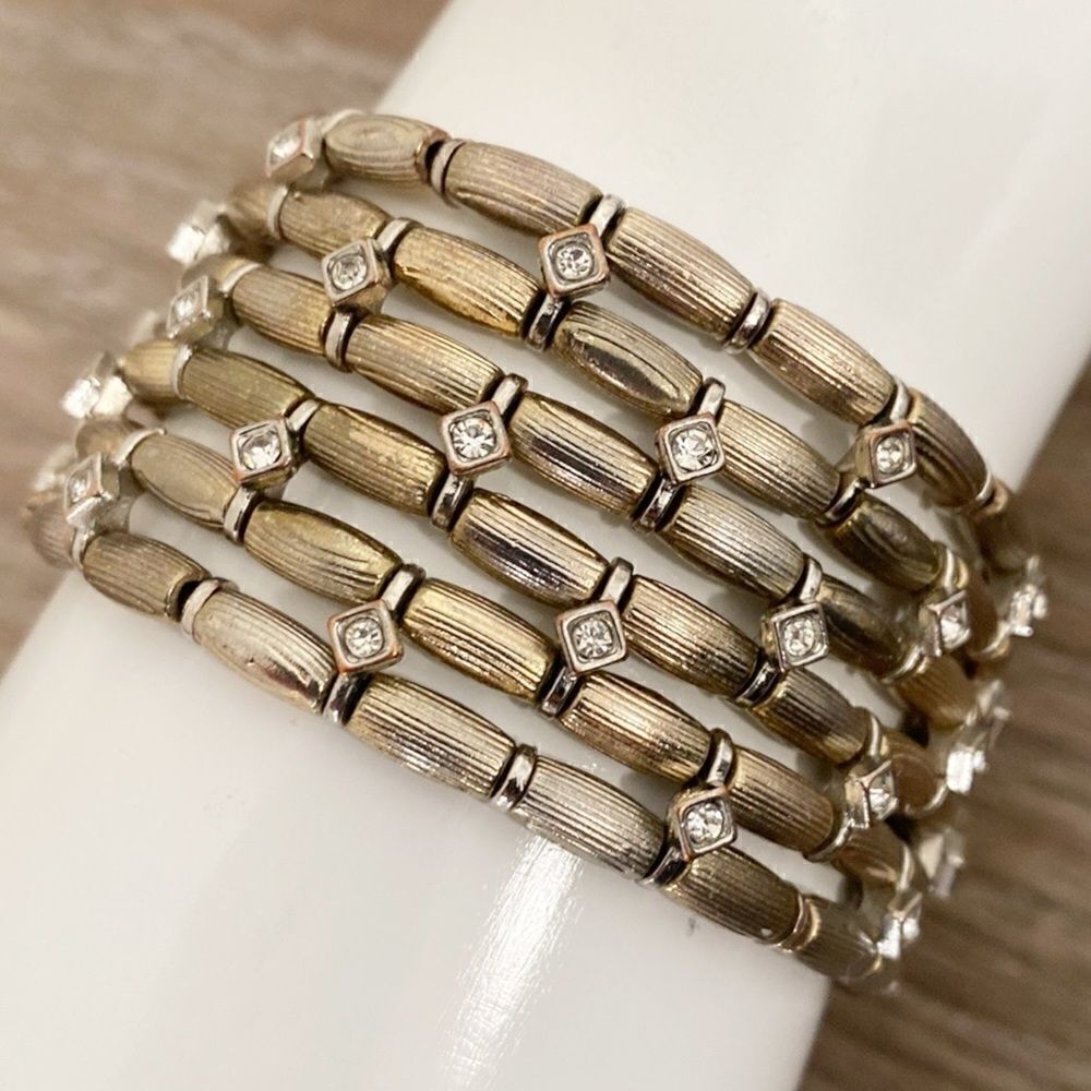 Vintage Mixed Metal 6 Row Bamboo Look Stretch Cuff Bracelet W Crystal Accents